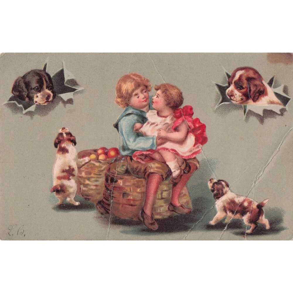 Postcard antique 1908 Puppy dogs children embossed University of Portland ME kid